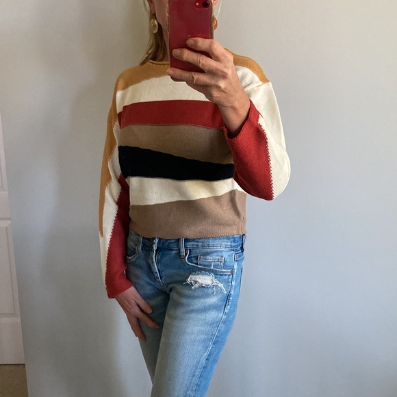 Cropped, Asymmetrical Stripe Long Sleeve Sweater - Picture 6 of 8